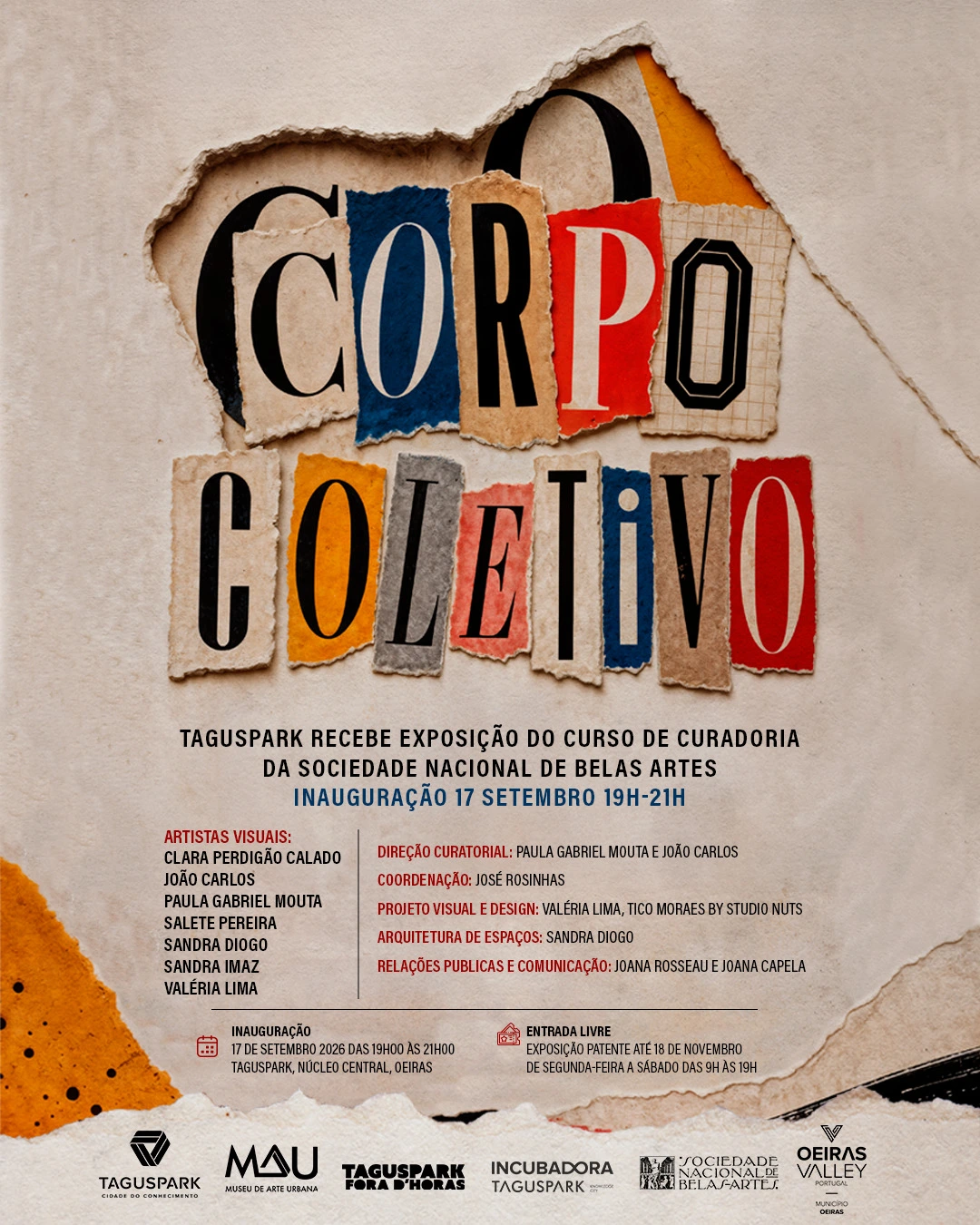 Cartaz da exposição Corpo Coletivo, com título recortado em tipografia colorida sobre fundo bege, informação de artistas, curadoria e datas
